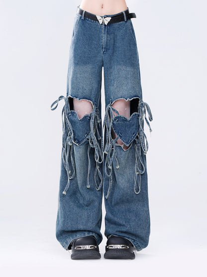 Hot Ripped Denim Rolled Loose Love Stripe