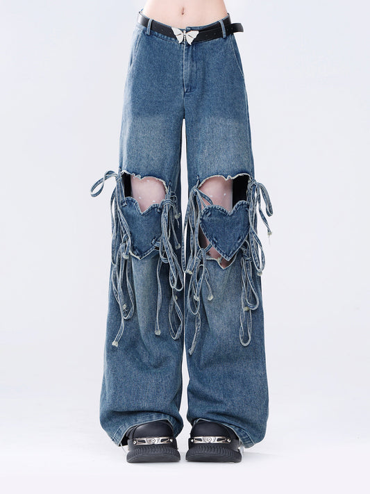 Hot Ripped Denim Rolled Loose Love Stripe