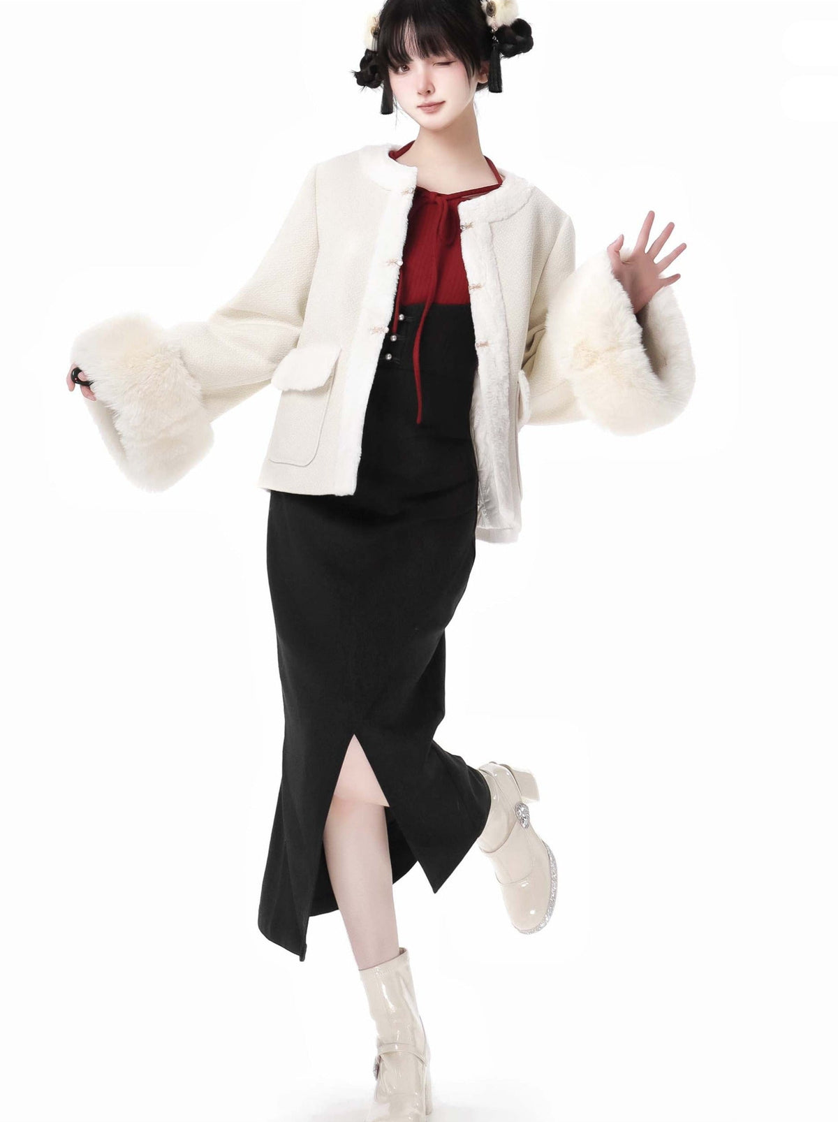 Snow Fragrance Rabbit Fur Coat Off Ward Sleve Sweater Suit