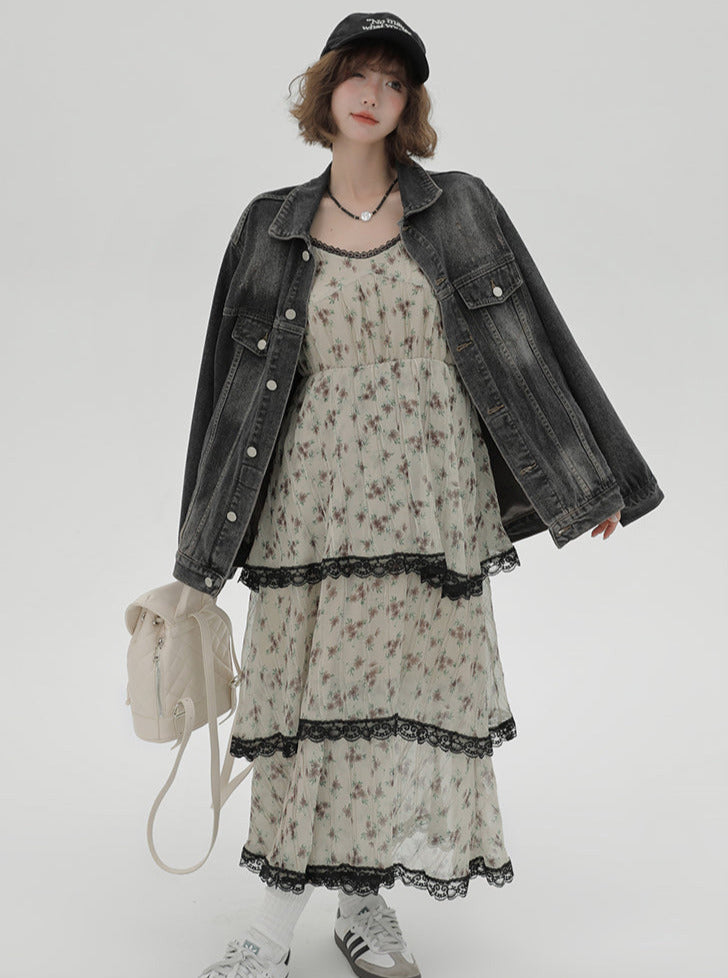 ドレス プリント サスペンダー ティアード フローラル レース