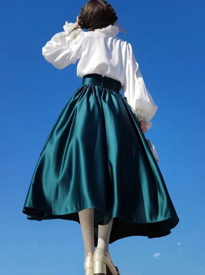 Elegant Frill Lace Blouse + Satin Long Flare Skirt