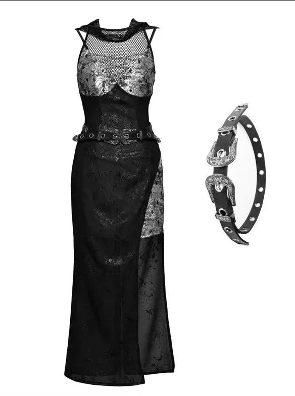 シースルーメッシュシルバーブラックスーツパンクパーカードレススリット