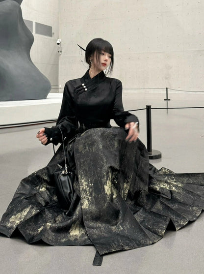 Dunkle China-Bluse + langer China-Rock