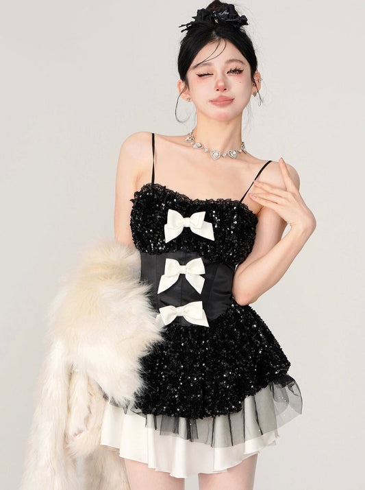 Sequined Flare Triple-ribbon Camisole Dress