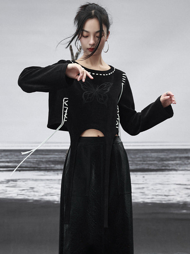 Sweatshirt Design Kurz Schmetterling Strappy Schwarz