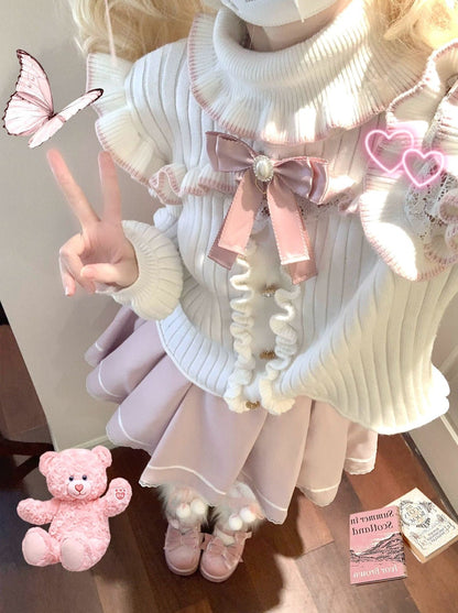 Rollkragen, Spitzenrüschenband, Strick + Race-Up-Rock mit hoher Taille