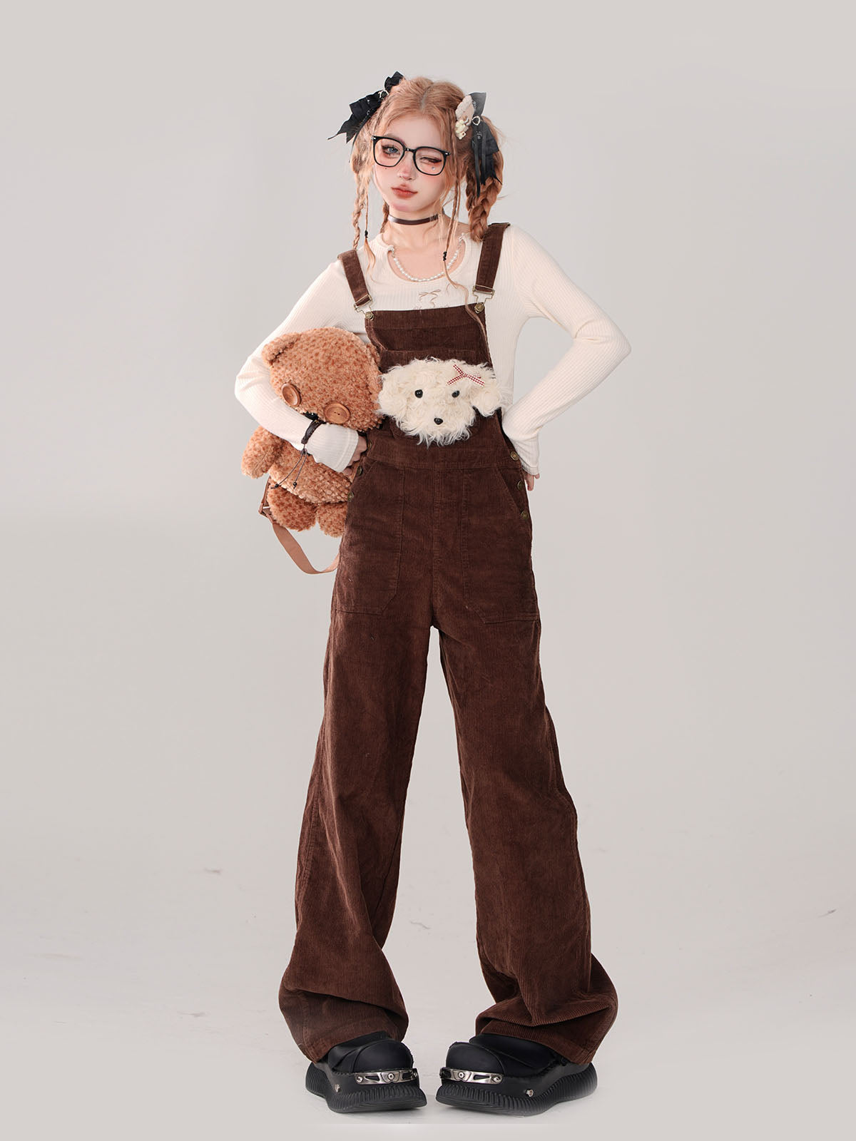 Little Dog Dark Retro Overalls Cutie Brown