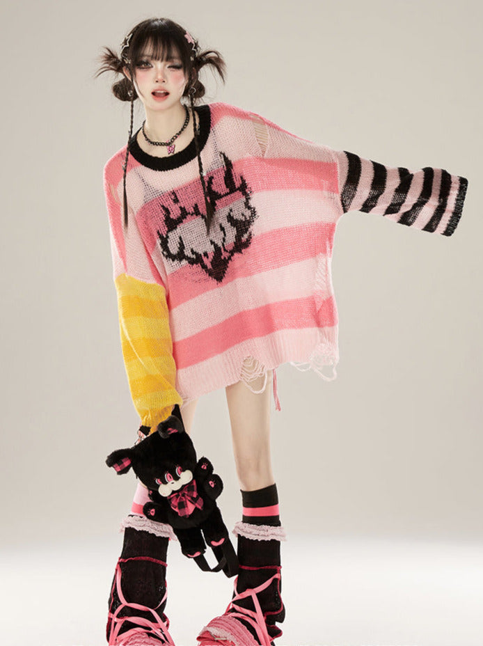 Striped Color Sheer Contrast Knit Pullover Asymmetrical Loose