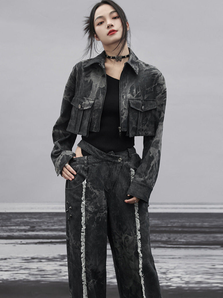 ダークデザインデニム ルーズフリンジ ワイドカットアウトウエスト