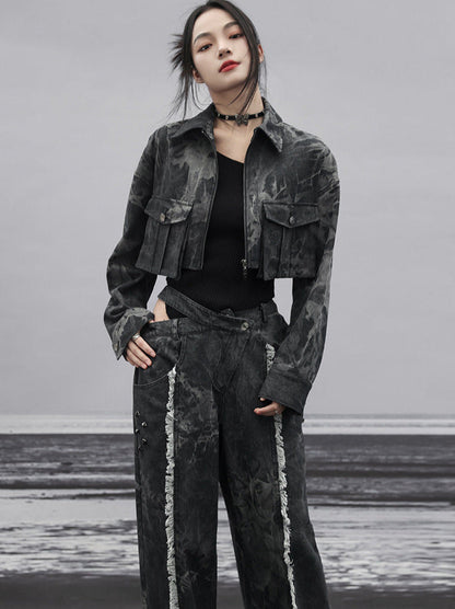 ダークデザインデニム ルーズフリンジ ワイドカットアウトウエスト