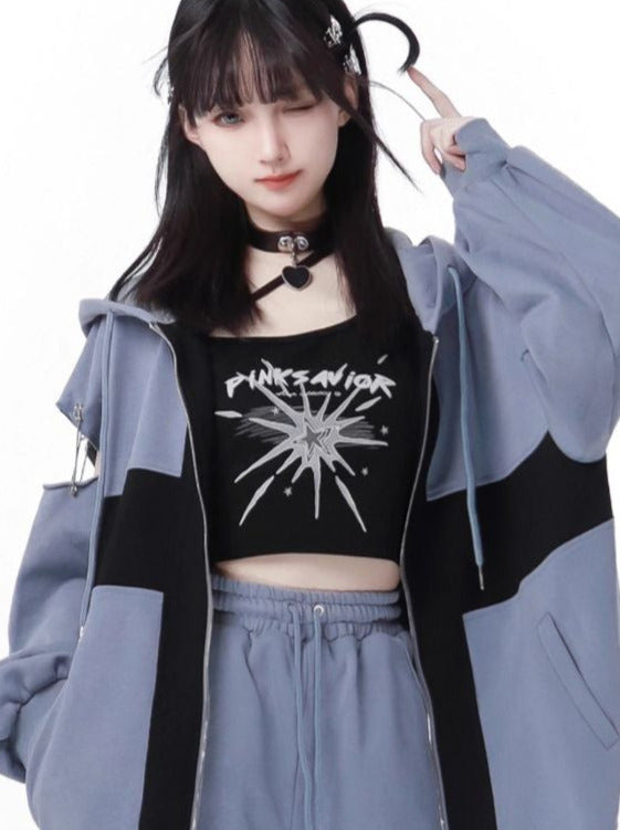 Zip Cami Cross Loose Pants Hoodie Top