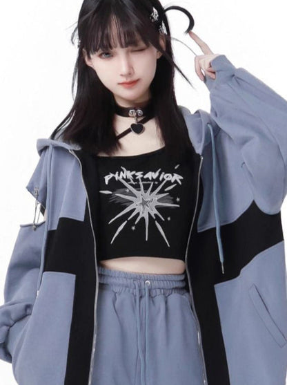 Zip Cami Cross Loose Pants Hoodie Top