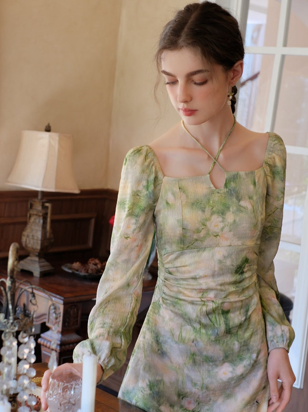 Elegant Neck Green Square Retro Dress