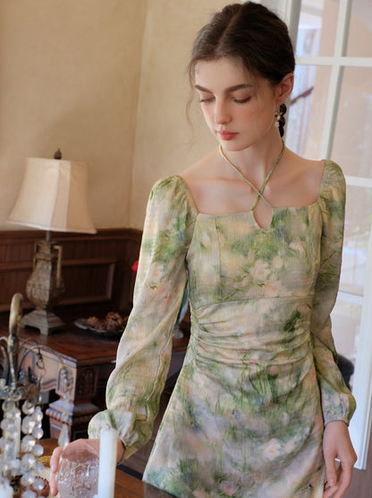 Elegant Neck Green Square Retro Dress