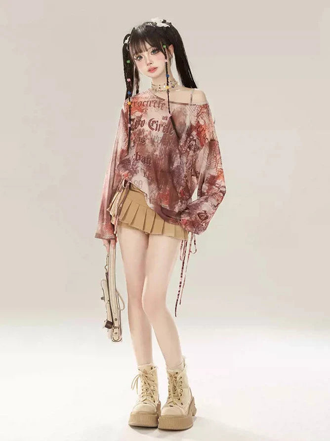 Print Drawstring Off-the-shoulder Digital American Shirt