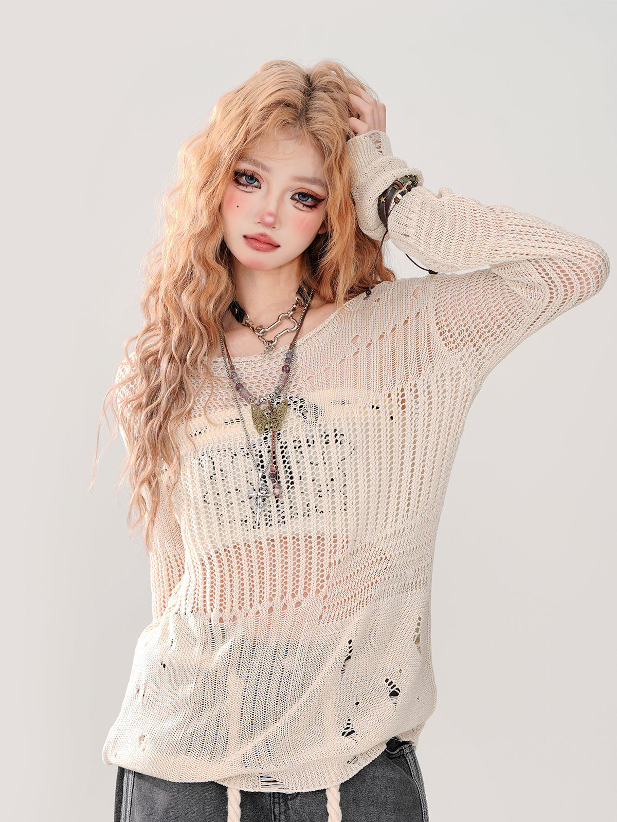 サマーニット + チューブトップ 透かし彫り シアー リップド