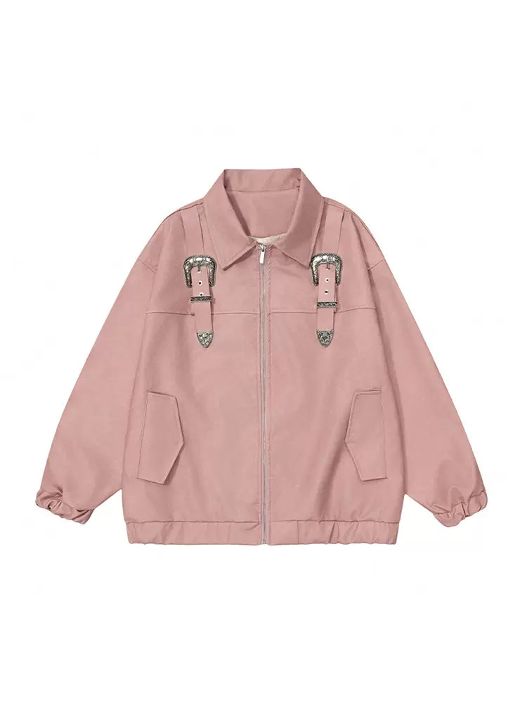 Jacket Retro Pink Design Leather Buckle Zip