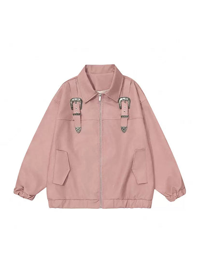 Jacket Retro Pink Design Leather Buckle Zip