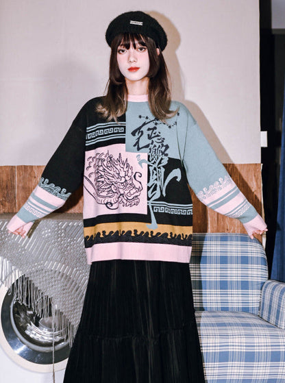 Round Style China Color Neck Knit Loose Contrast New Block