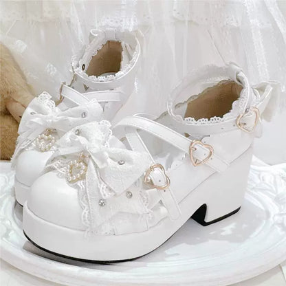 White bow platform Mary Jane shoes on display