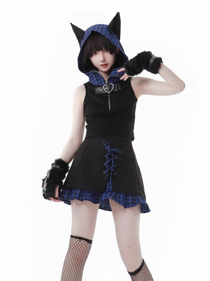 キャットブルーフィーディチェック耳デザインスーツサマーステッチストラップ