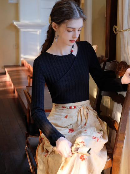 Blumenoberteil, langer asymmetrischer Schlitzrock