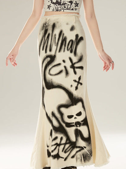 Mermaid Denim Spray Retricat Paint Skirt