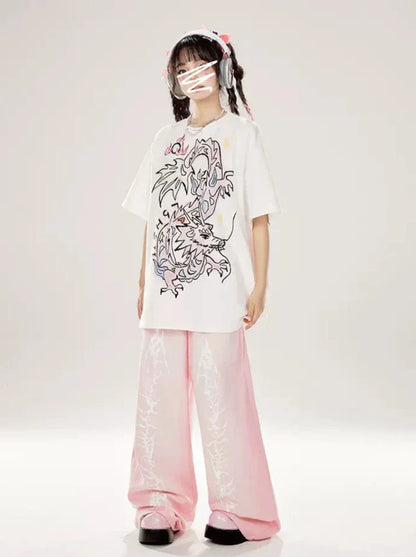 ストレートルーズドラゴンピンクワイドエレメントデニム