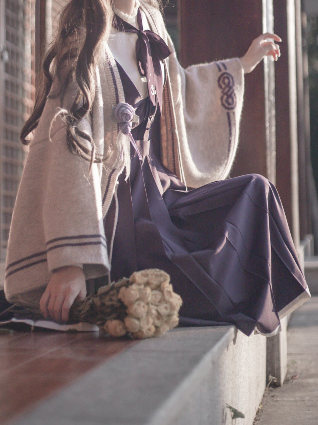 襟フリルリボン和風+レトロシャツコサージュスリーブニットカーディガンドレスベストスタンド