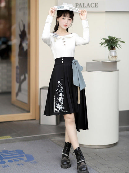 Top Schnalle Taille Asymmetrische Rock + Große Schleife Off-Shoulder China Hohe