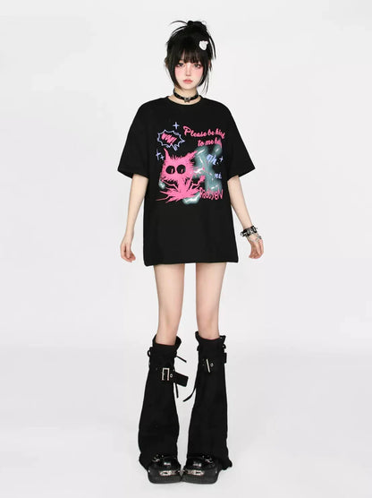 Cat T-Shirt Print Contrast Color Cartoon