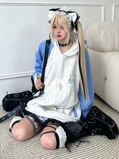 Collar Hood Hoodie Contrast Button Cat Ear Zip Horn