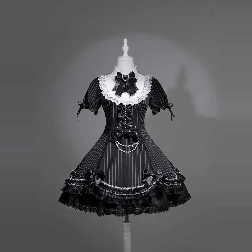 Black Shamrock Gothic Lace High Collar Striped Waist Dress