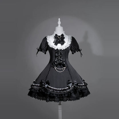 Black Shamrock Gothic Lace High Collar Striped Waist Dress
