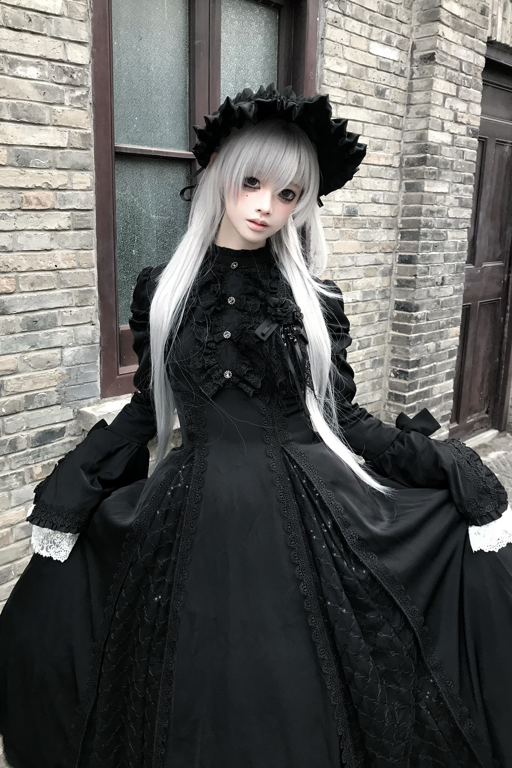 Gothic Black and White Widow Lace Princess Sleeve Faux Two-Piece Long Dress