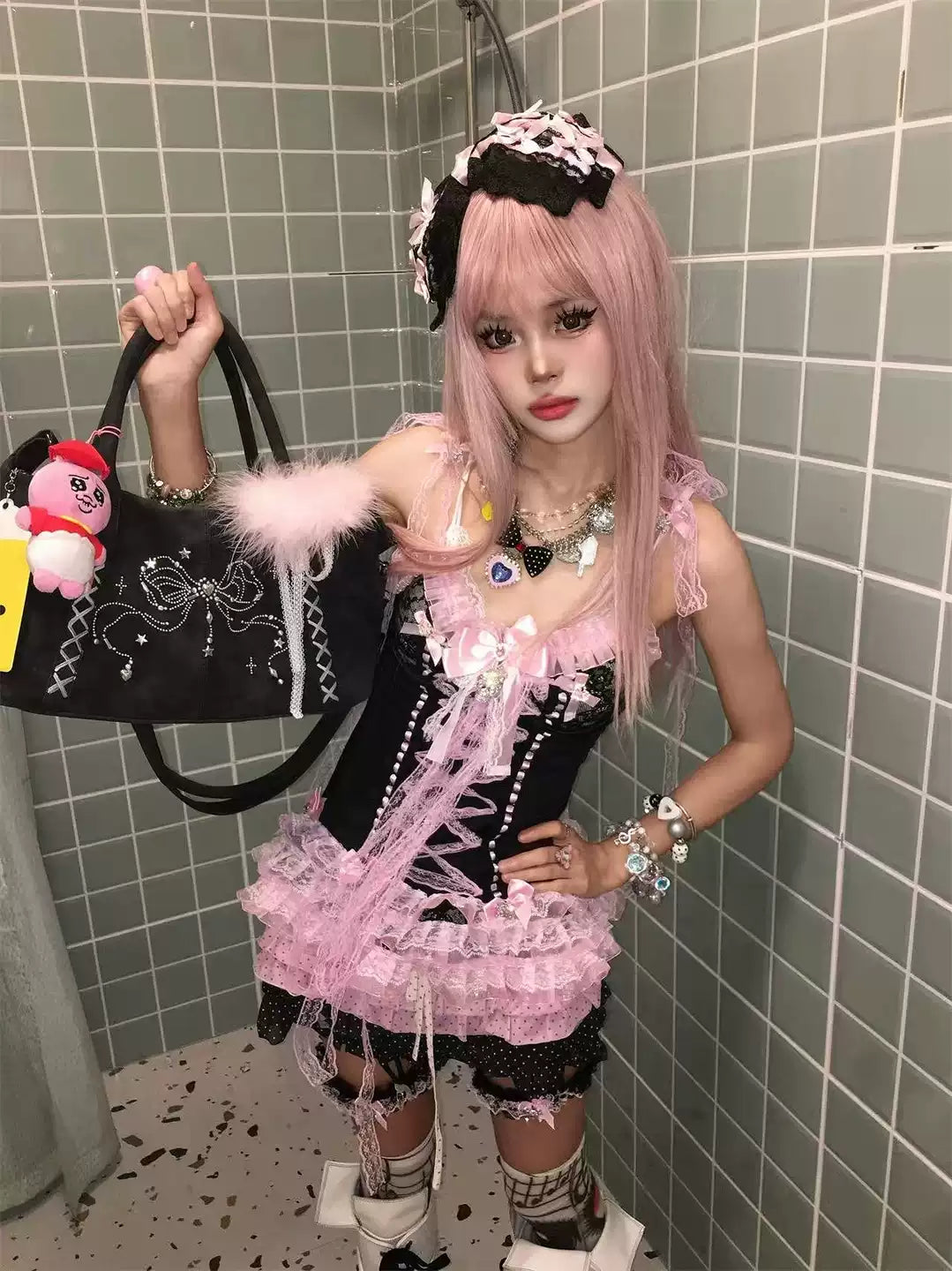 Y2K Sweet Lace Bow Skull Tank Top Set with Leg Rings