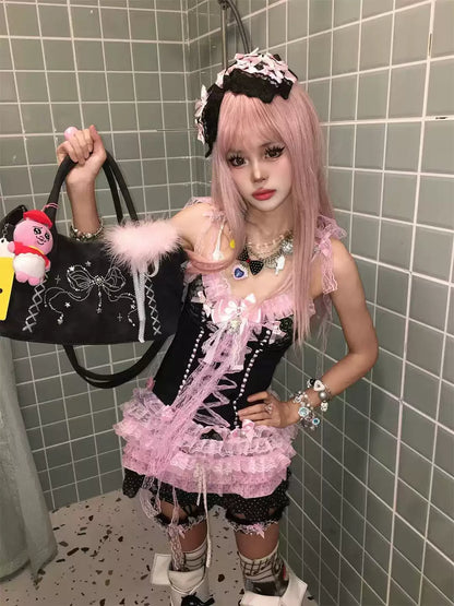 Y2K Sweet Lace Bow Skull Tank Top Set with Leg Rings