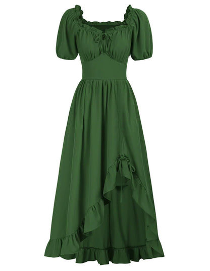 Medieval Court Short Sleeve Square Neck Dress – Irregular Hem Stage Gown