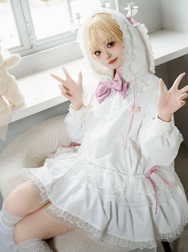 Bow Frilled Big Hooded Girly Long Bunny Dress Ears