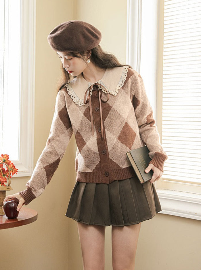 Argyle Rock Plissee Strick Braun Cardigan Retro