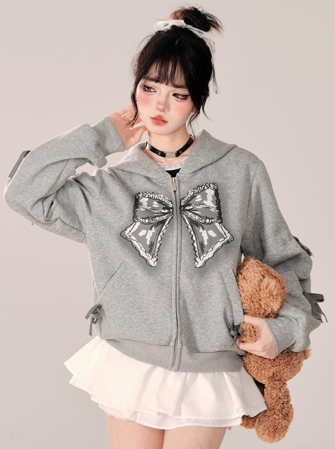 Zip-Up Hooded Loose Black Hoodie Ribbon