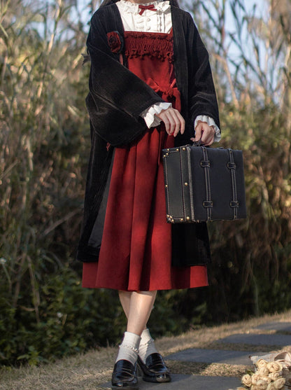 Poem Weave White Feather Dress Innershirt Rose Corsage + Ruffle Red Ruffle Retro Jacket Suspender Rose