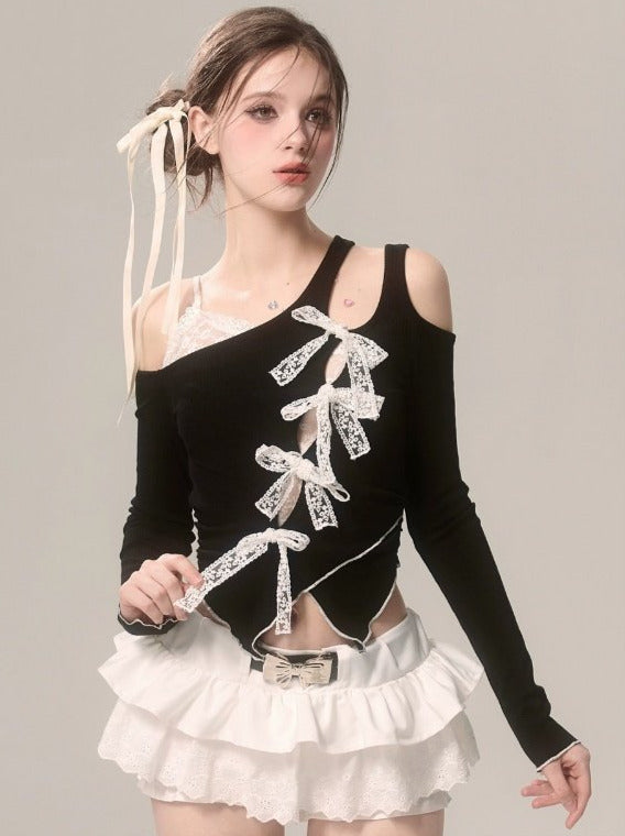 Asymmetrisches Top Off-Shoulder Faux Ribbon Lace Schwarz Zweiteiler