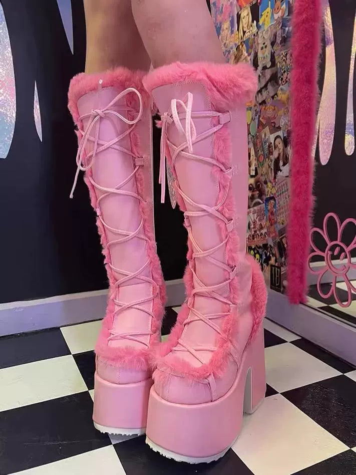 34-46 Y2K Snow Pu Fur Lace-up Thick Heel High Goth Platform Boots