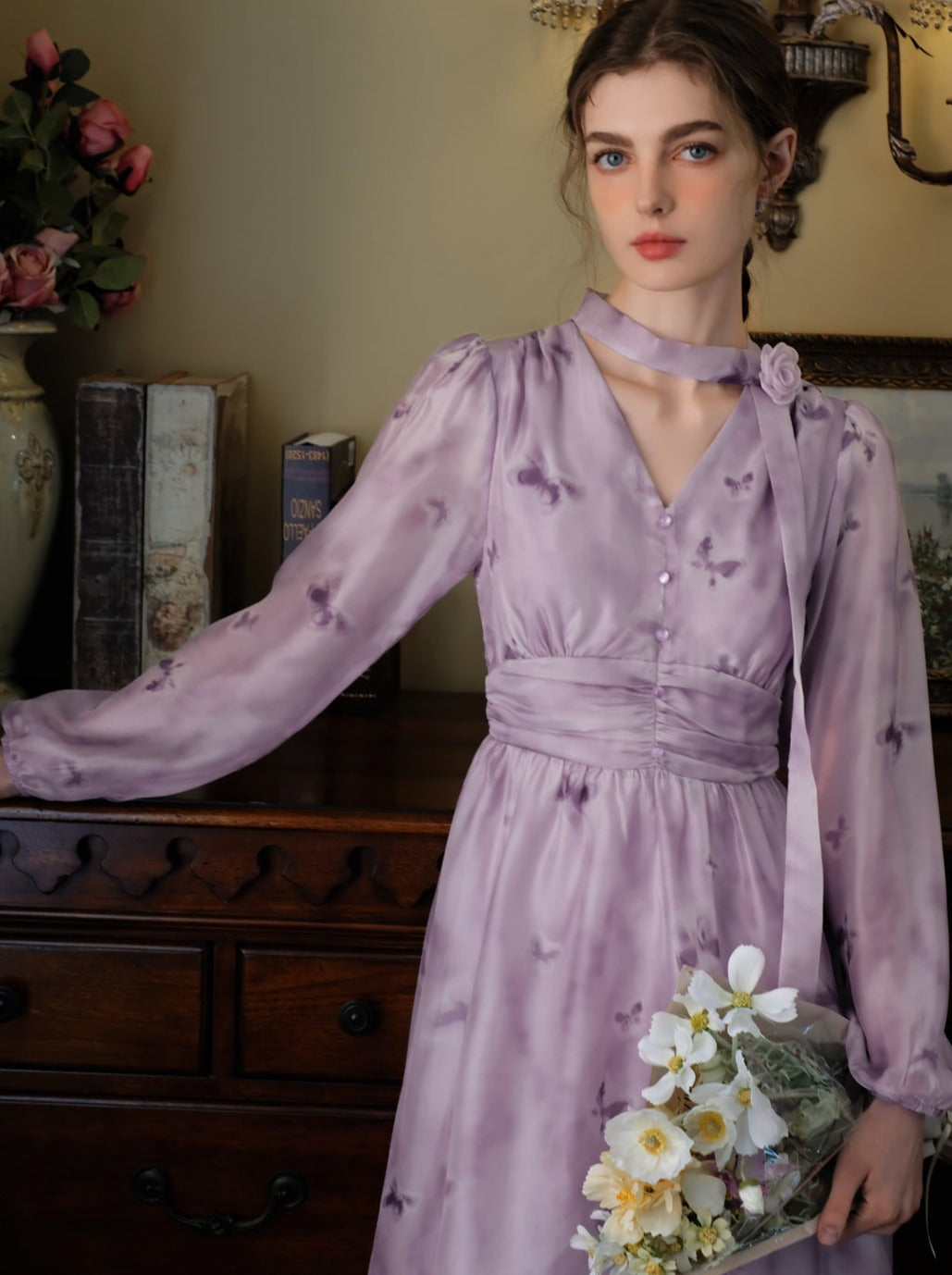 プリントドレス シフォン ブルーム フレンチ バタフライ