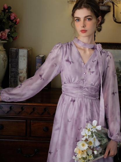 プリントドレス シフォン ブルーム フレンチ バタフライ