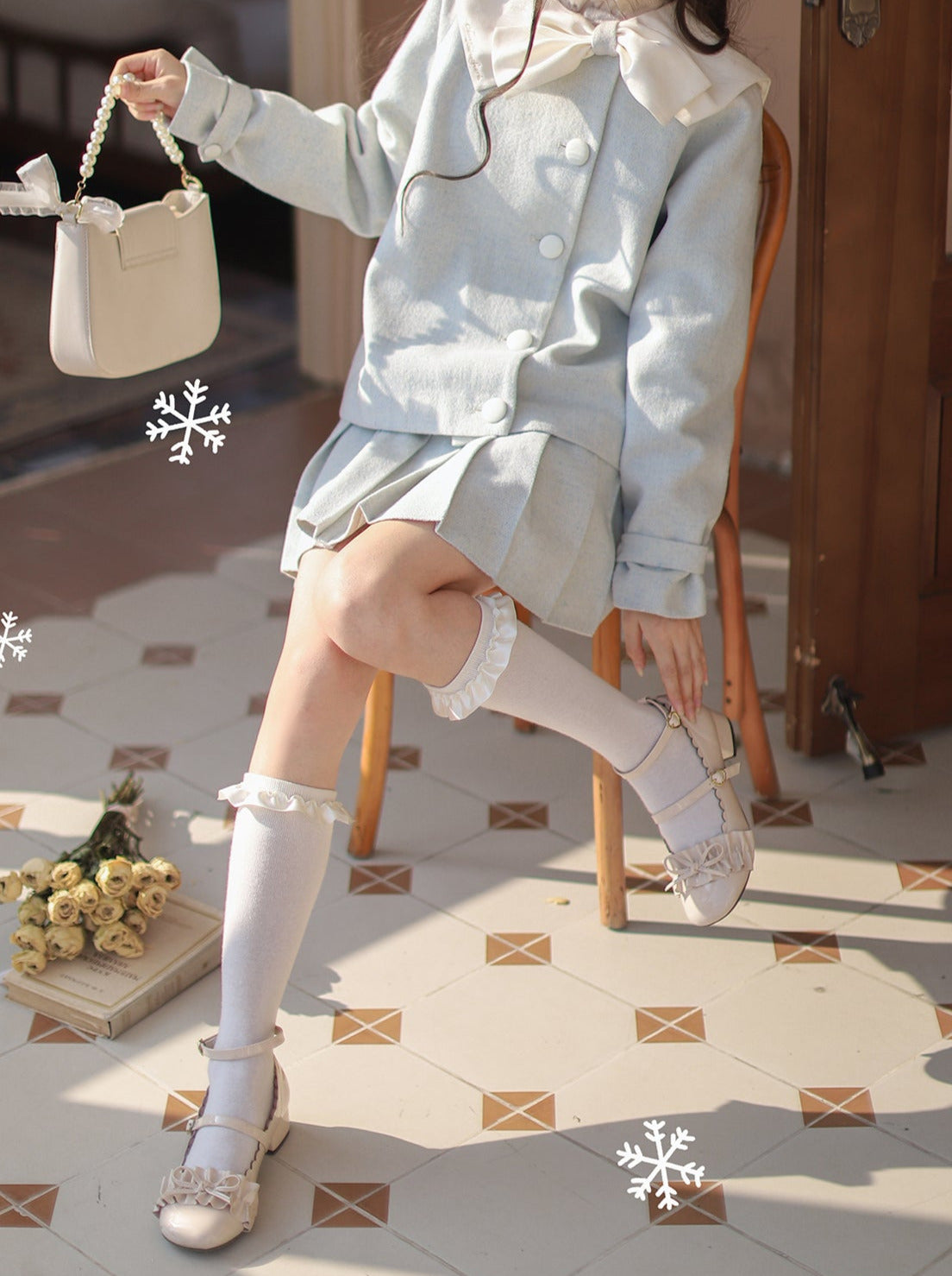 Retro Ribbon Jacket Mint Green Lolita Collar Skirt Pleated