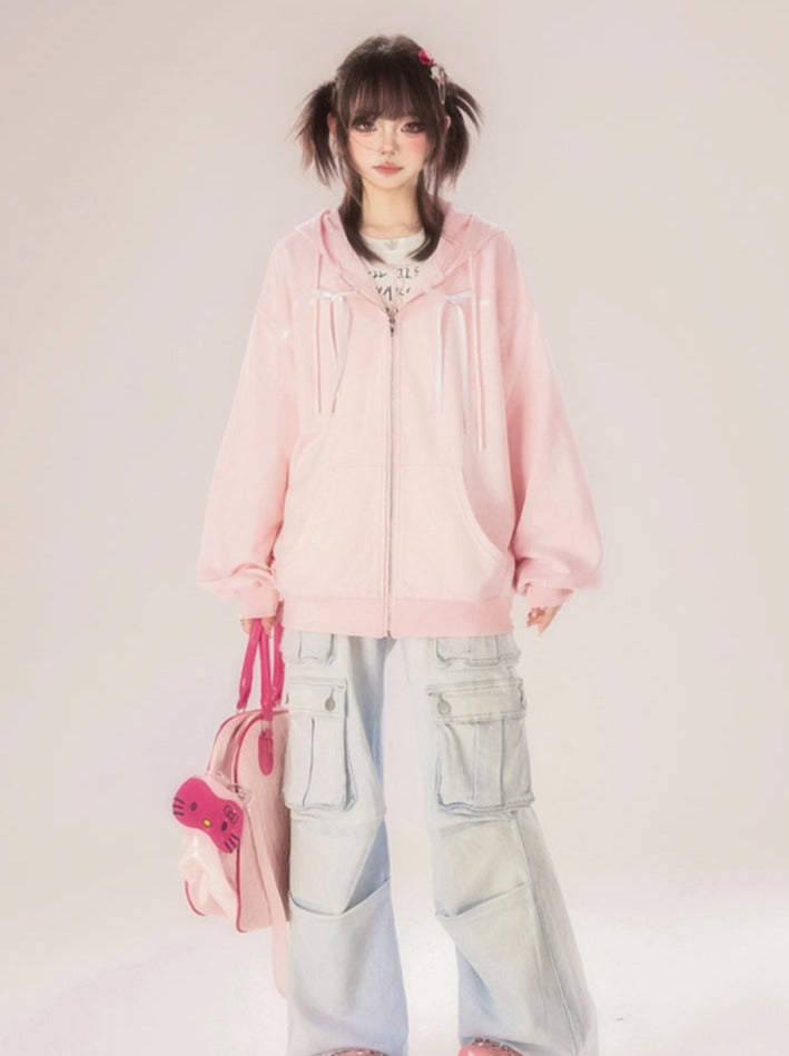 Zip-Up Ribbon Sweet Hoodie Pink Hooded