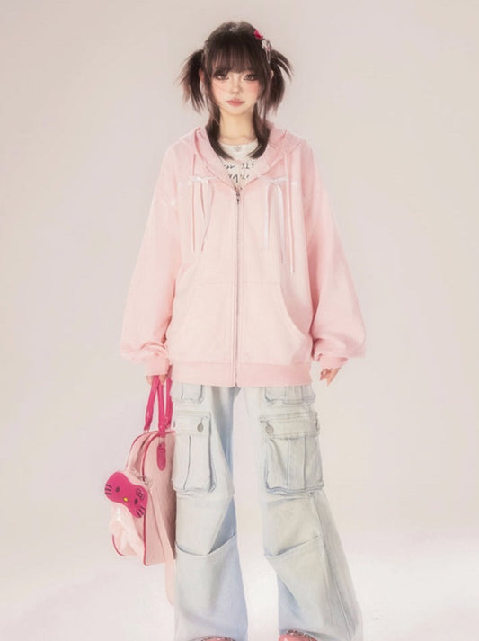 Zip-Up Ribbon Sweet Hoodie Pink Hooded