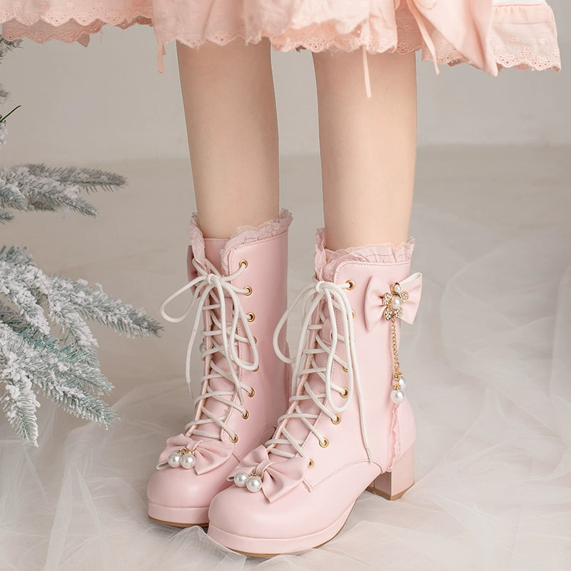 30-43 Lolita Bow & Pearl Embellished Knee-High Boots